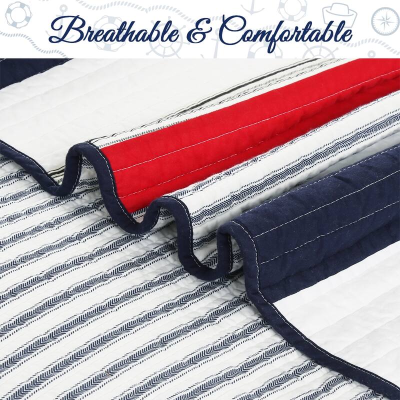 Cozy Line Liberty Patriotic Stripes Reversible Red Blue White Striped Patchwork Cotton Quilt Bedding Set
