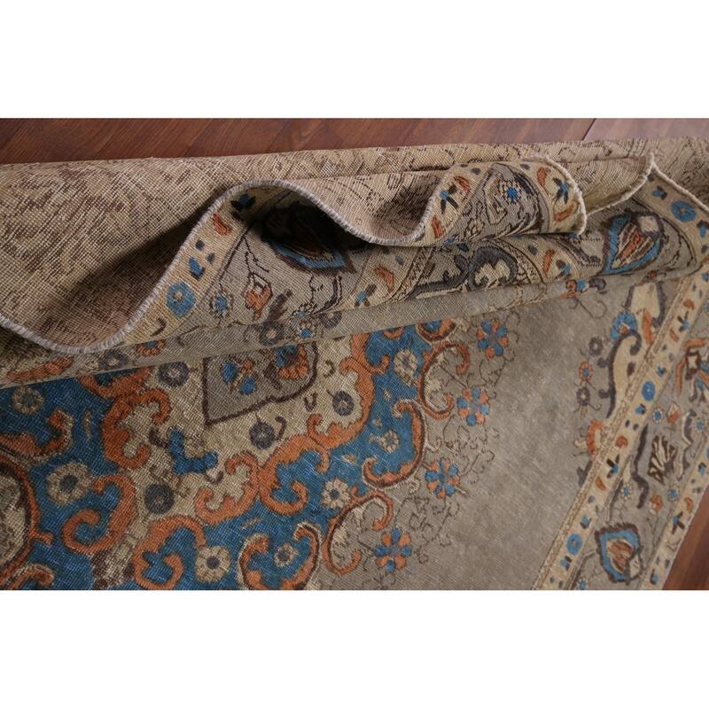 Distressed Tabriz Vintage Persian Rug Hand-Knotted Grey Wool Carpet - 6'6" x 9'7"