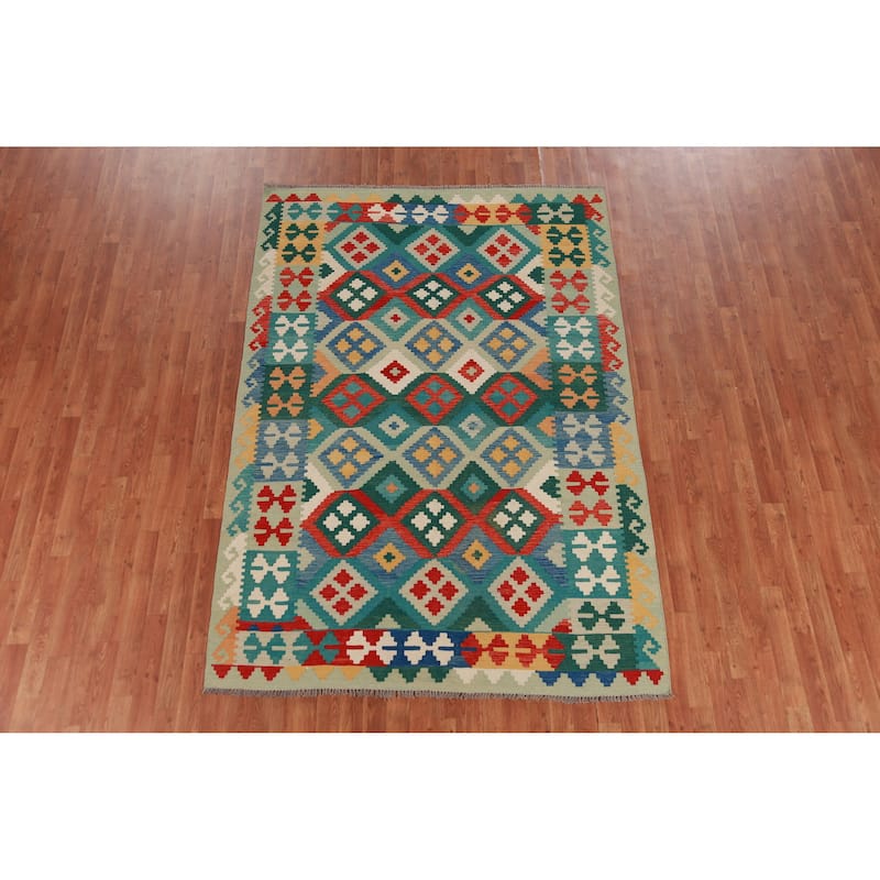 Hand Woven Oriental 100% Wool Carpet Southwestern Geometric Multi-Colored Kilim Area Rug - 8' 3'' X 5' 7''