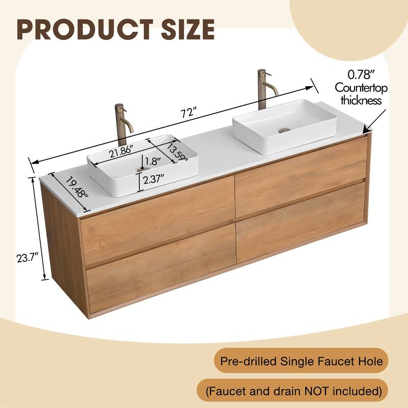 72" Floating Bathroom Vanity Quartz Counter Top with Double Ceramic Vessel Sink - Square Sink