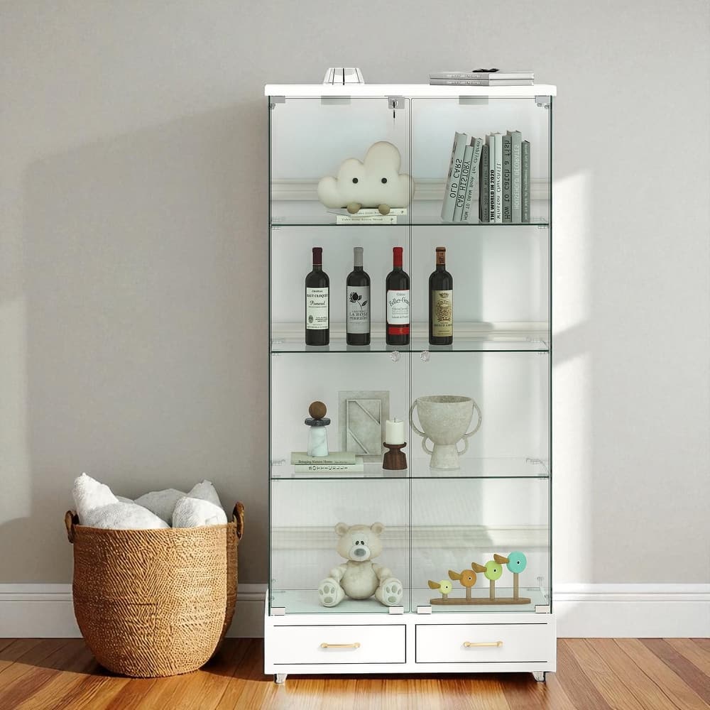 65.9" Modern Glass Display Cabinet with LED Lights, 2 Lockable Drawers & 4 Shelves, Curio Storage Case