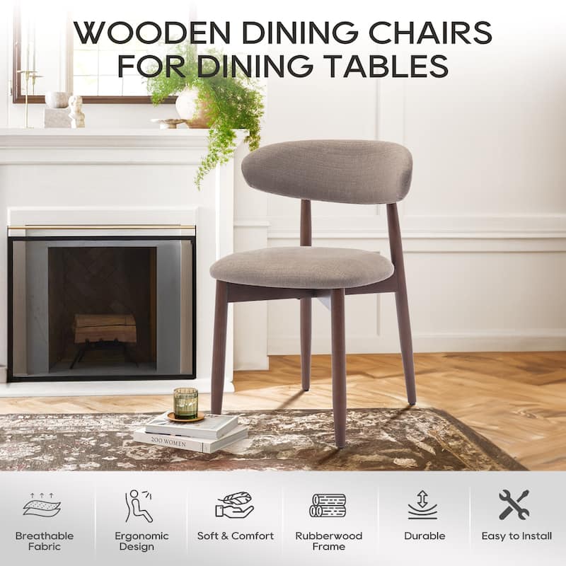 Set of 2 Wooden Dining Chairs, Fabric Upholstered, Beige