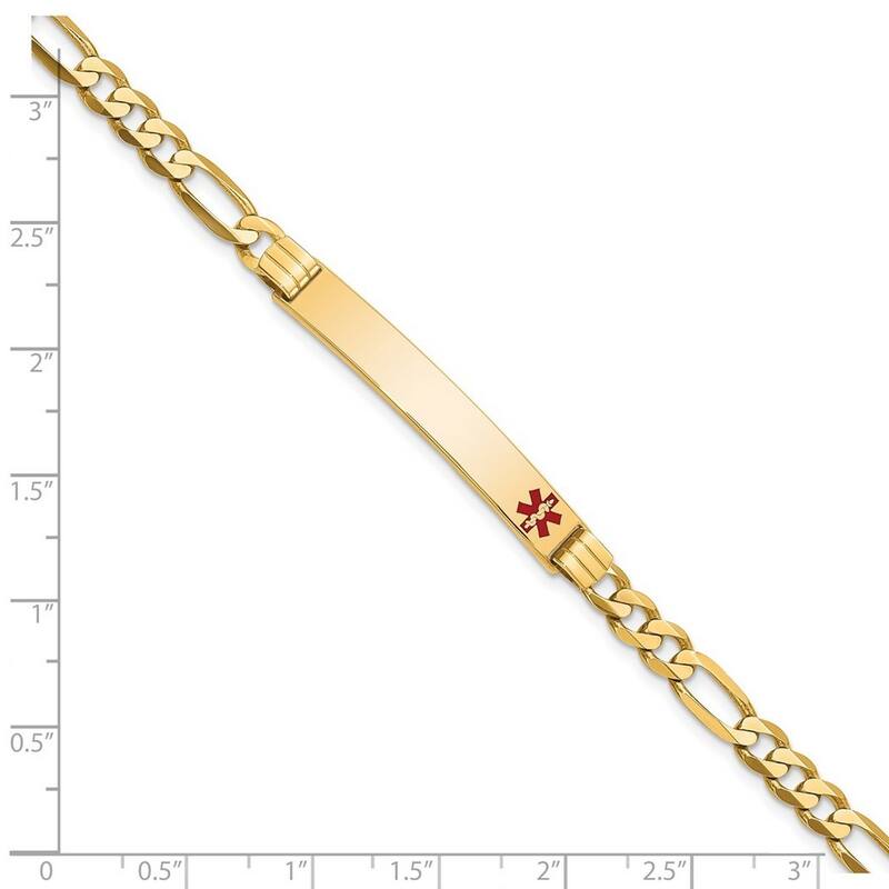 Curata 14k Yellow Gold 6.5mm Engravable Medical Red Enamel Flat Figaro ID Bracelet