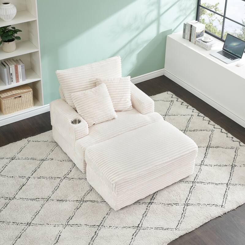 White 39.37" Corduroy Upholstered Single Armchair Sofa with Ottoman and Cup Holder for Lving Room