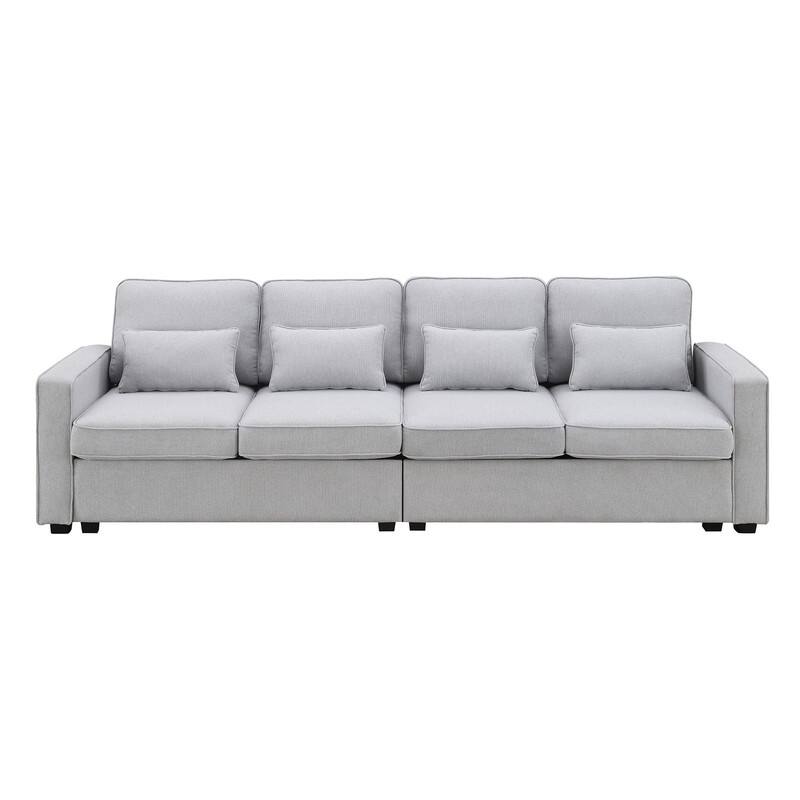 104"Upholstered Sofa Couch with Armrest Pockets and 4 Pillows, 4-Seater Modern Linen Fabric Sofa Minimalist Style Couches