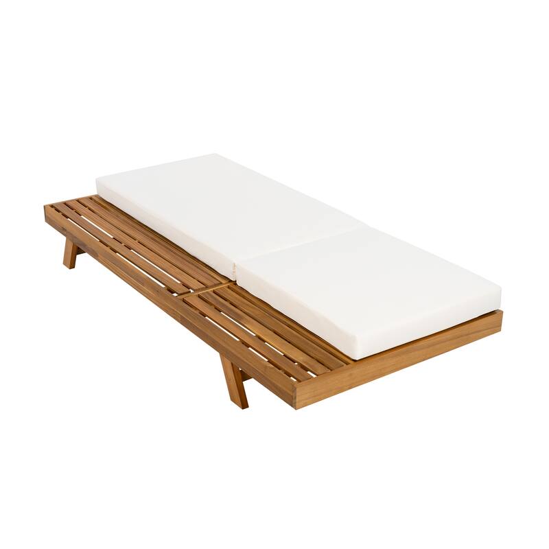 One-sided Open Storage Lounge Chairs Outdoor Patio Acacia Wood Chaise Lounge with Adjustable Backrest & Water-repellent Cushions