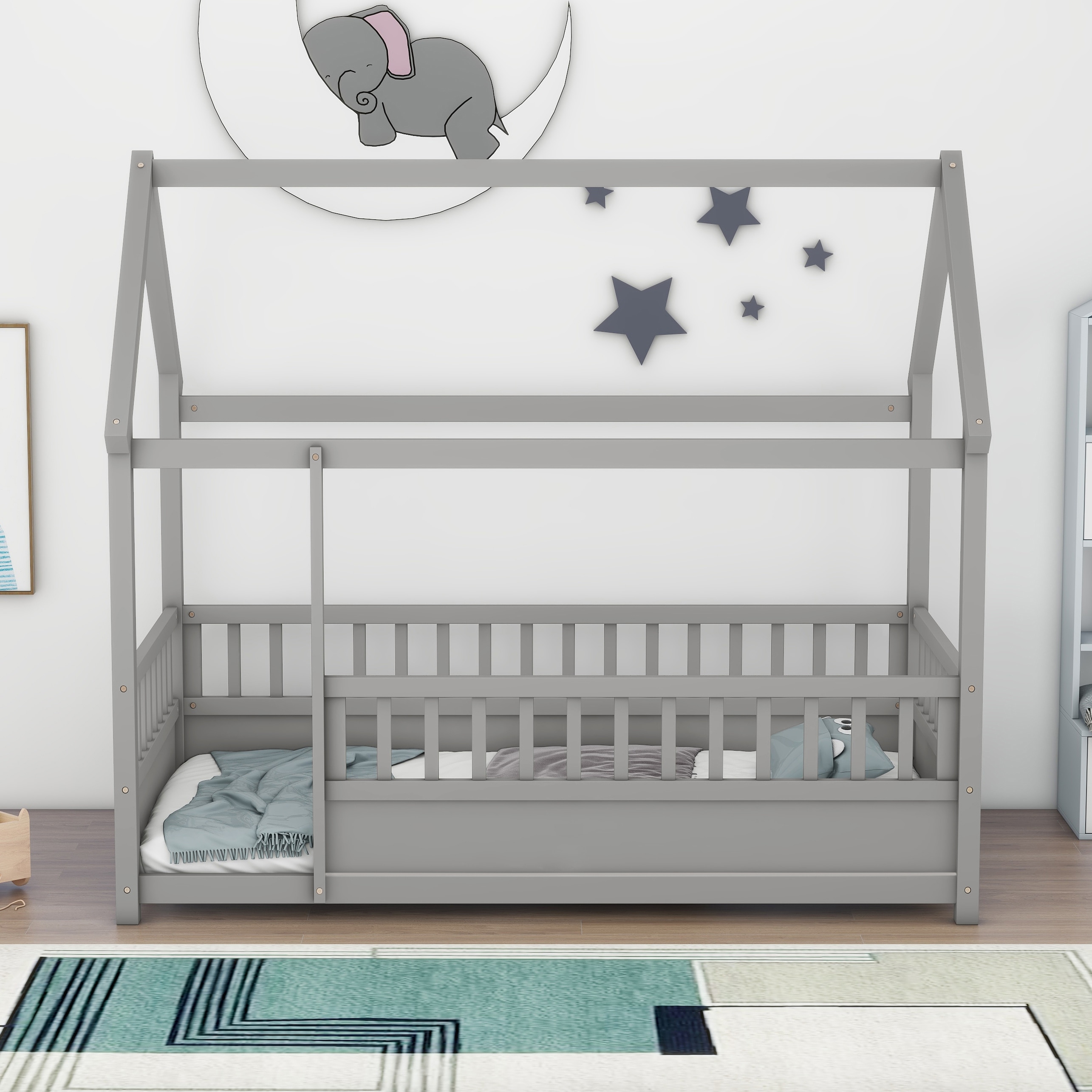 Unique Wooden Bed with House Roof Frame and Fence Guardrails for Children's Bedrooms, Guest Rooms, Pine Construction