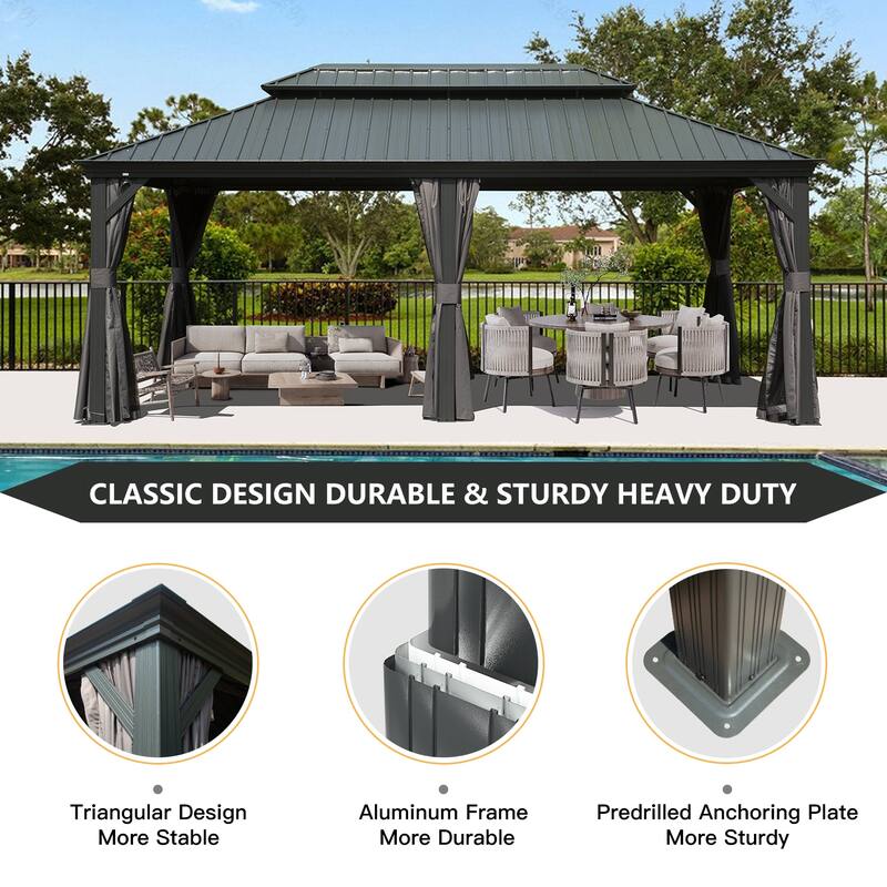 12' X 20' Hardtop Gazebo with Galvanized Steel Roof, Aluminum Frame, Curtains & Netting for Patio, Deck, Garden