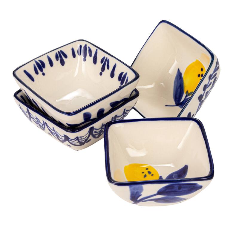Stoneware Dish with Lemon Design in Four Styles, Set of 12 - 3.1"L x 3.1"W x 1.5"H