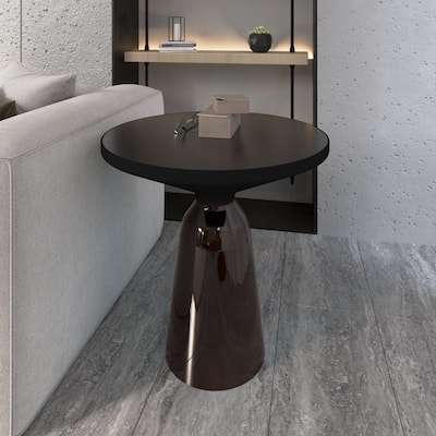19-Inch Side Table Round Glass/Stone Tabletop End Table with Black Iron Rim and Glass Base