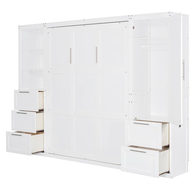 Queen Size Murphy Wall Bed with Built-In Closet, Drawers, and Shelves, Space-Saving Design