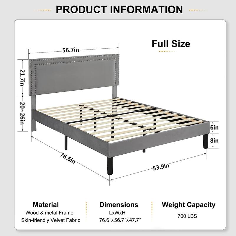 VECELO 3-Pieces Upholstered Platform Bed Frame with Adjustable Headboard and Nightstands Set of 2, Grey