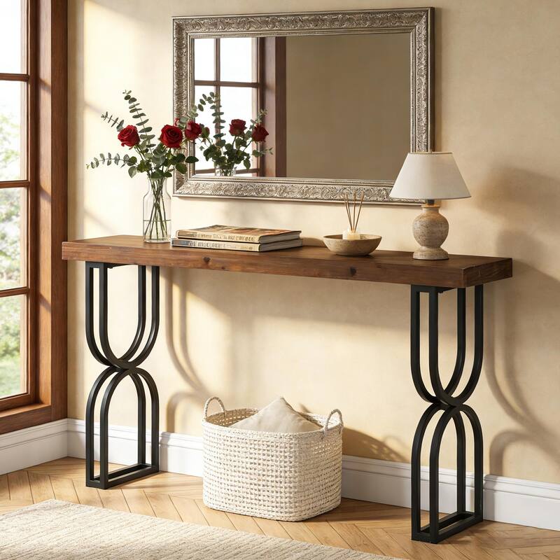 59" Solid Wood Console Table With Sturdy Metal Frame - Brown