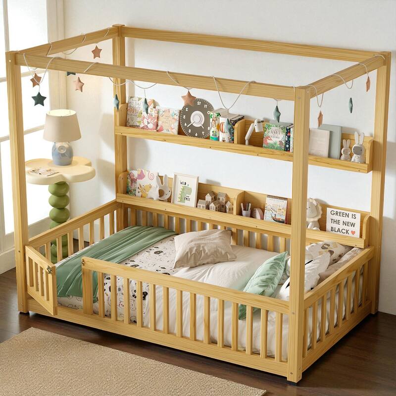 Twin/Full Size Montessori Floor Bed with Canopy and Guardrails, Solid Wood Kids Bed Frame with Shelves, No Box Spring Needed