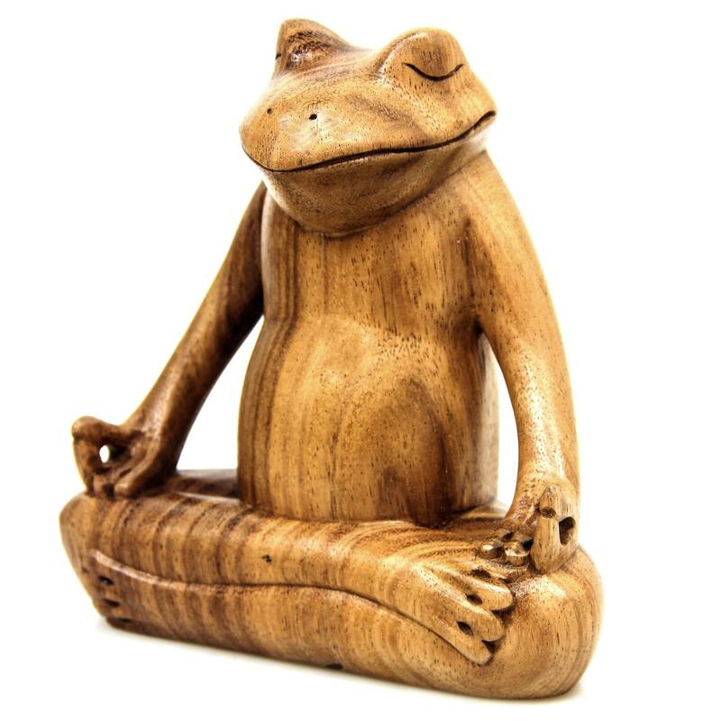 Handmade Frog Meditates Wood sculpture (Indonesia) - 22 x 19 x 13