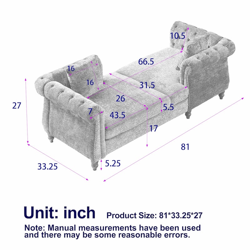 Roomfitters 81" Face-to-Face Chaise Lounge in Chenille, Button Tufted Rolled Arm Sofa with Nailhead Detailing