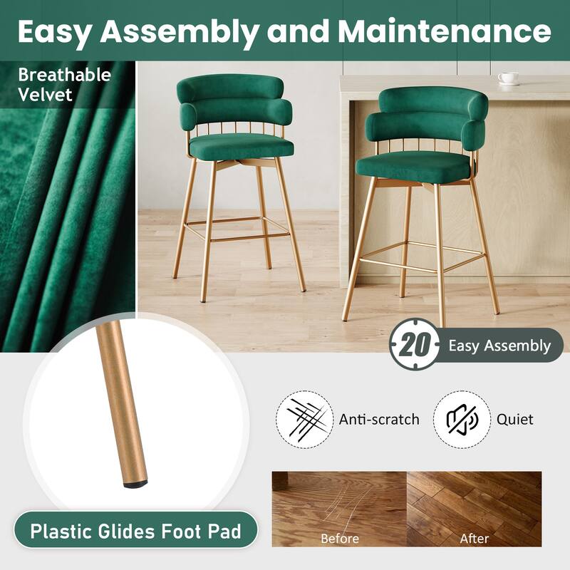 Roomfitters 26-Inch Swivel Counter Height Bar Stools Set of 2, Modern Industrial Upholstered Bucket Seat with Golden Legs, Green