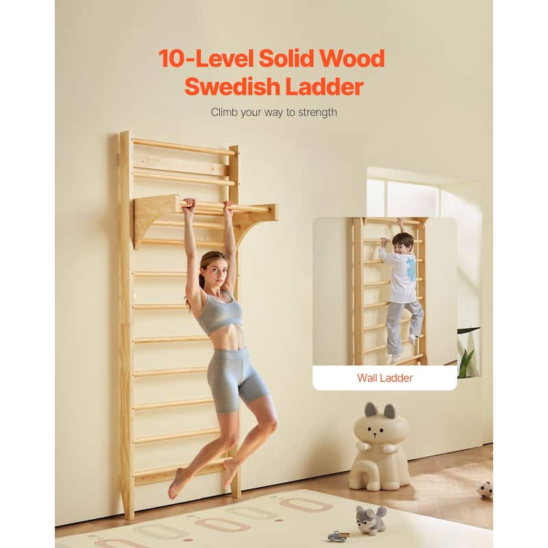 Beige Pine Wood Swedish Wall Ladder Indoor Playground Gym for Kids and Adults with 10 Level Climbing Bars 220 lbs Capacity