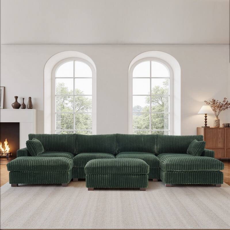 Oversied Plush Corduroy Fabric Modular Sectional Sofa with Chaise, Ottoman