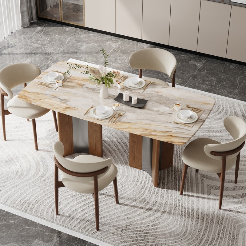 63" Modern Faux Marble Dining Table, Luxury Rectangular Kitchen Table with Wood & Metal Base, Seats 4-6