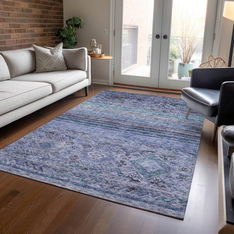 Machine Washable Indoor/ Outdoor Boho Moroccan Chantille Rug - Blue - 9' x 12'
