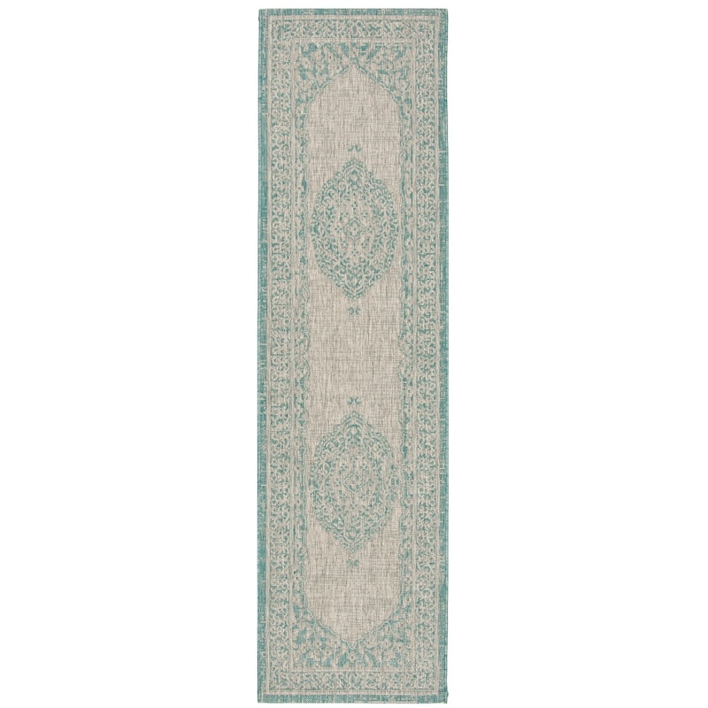 SAFAVIEH Courtyard Thoma Medallion Indoor/ Outdoor Waterproof Patio Backyard Rug - 2'3" x 12' Runner - Light Grey/Aqua