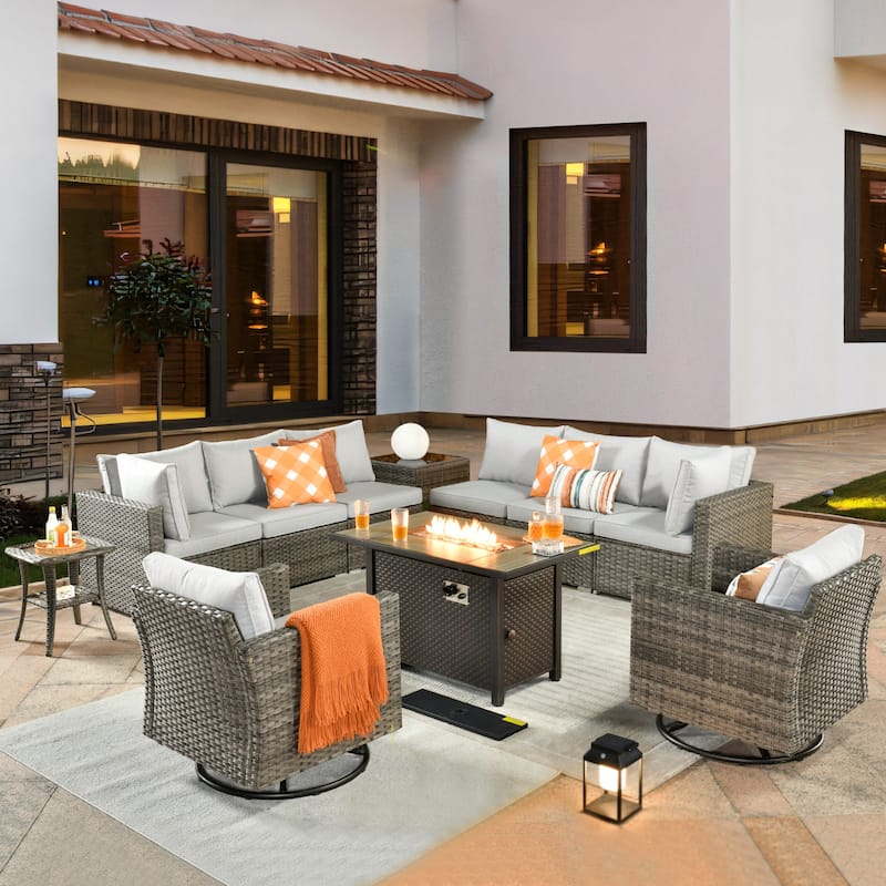 HOOOWOOO 11-piece Rattan Wicker Outdoor Furniture Set Swivel Chairs with Fire Pit - Grey