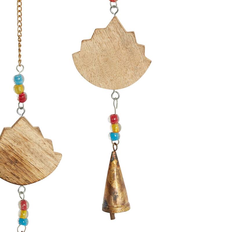 Mango Wood Floral Handmade Lotus Indoor Outdoor Windchime with Glass Beads and Cone Bells - Brown - Roche River Decor