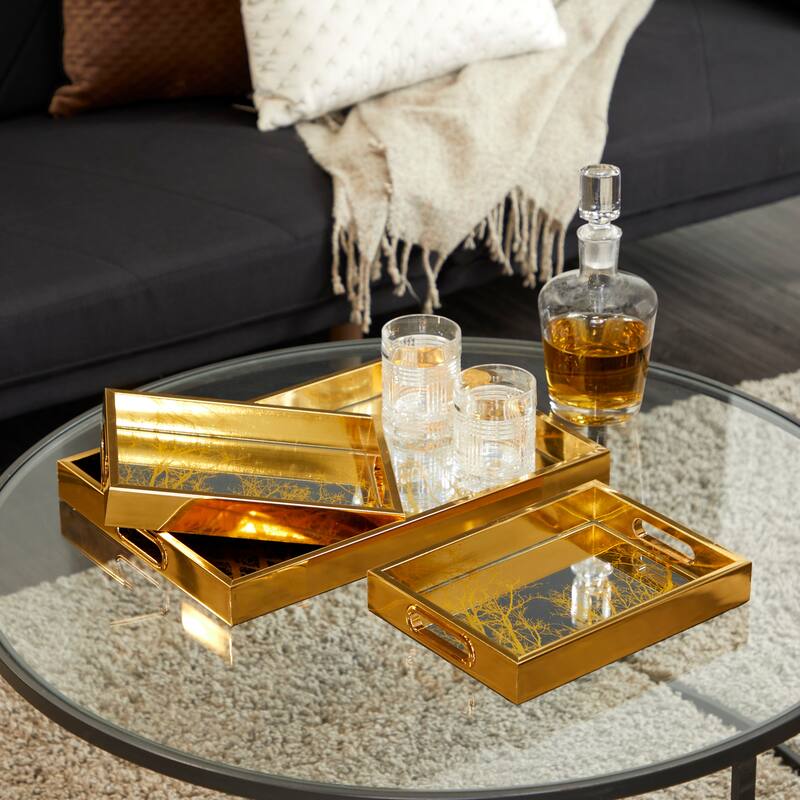 Gold Plastic Mirrored Geometric Living Room Decor Tray (Set of 3) - Gold - Leafless Tree Silhouettes