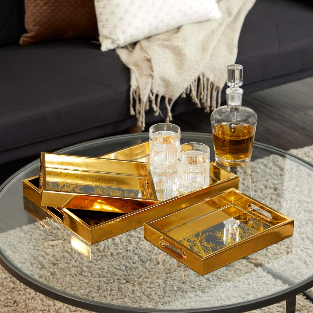 Gold Plastic Mirrored Geometric Living Room Decor Tray (Set of 3)