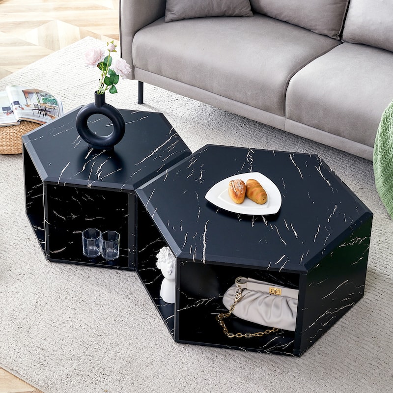 Roomfitters Set of 2 Hexagonal MDF Coffee Tables with Black Pattern Finish, Modern Storage Design for Living Room - Black
