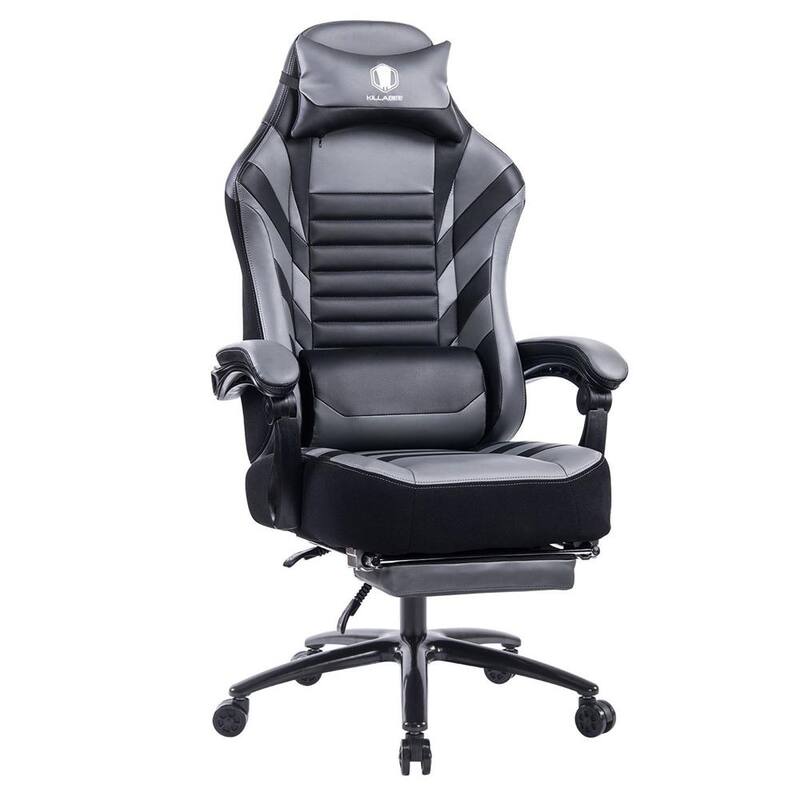 PU Racing Gaming Chair with Massage Lumbar Support and Retractable Footrest