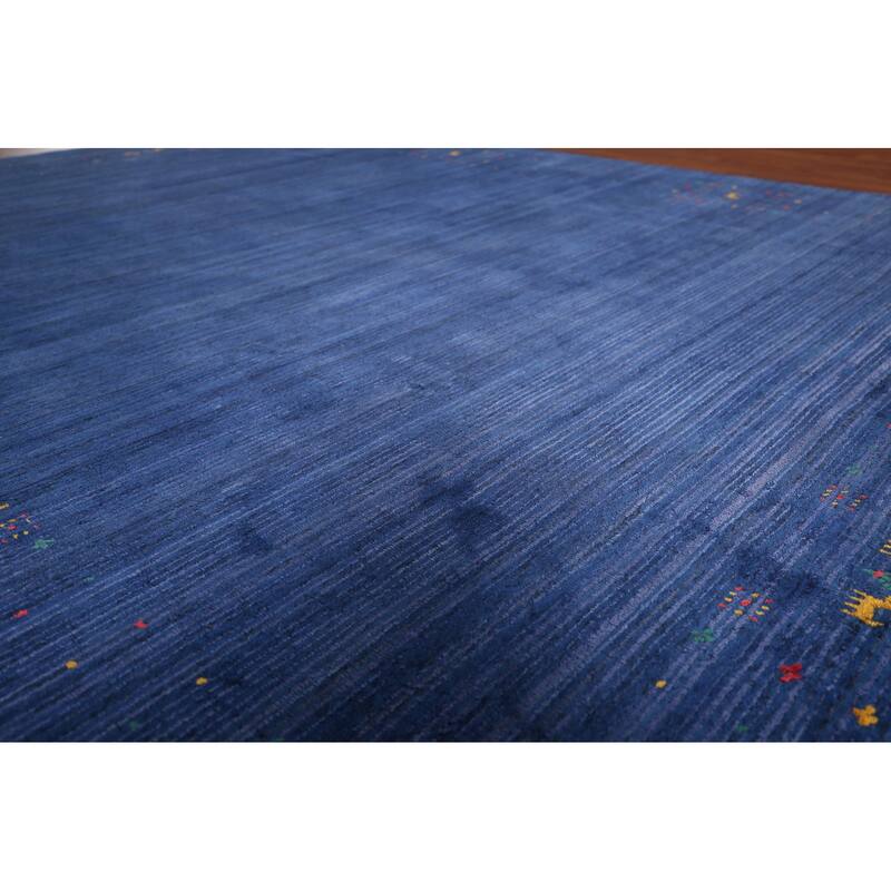 Royal Blue Striped Gabbeh Oriental Area Rug Handmade Silk Carpet - 7'8"x 9'5"