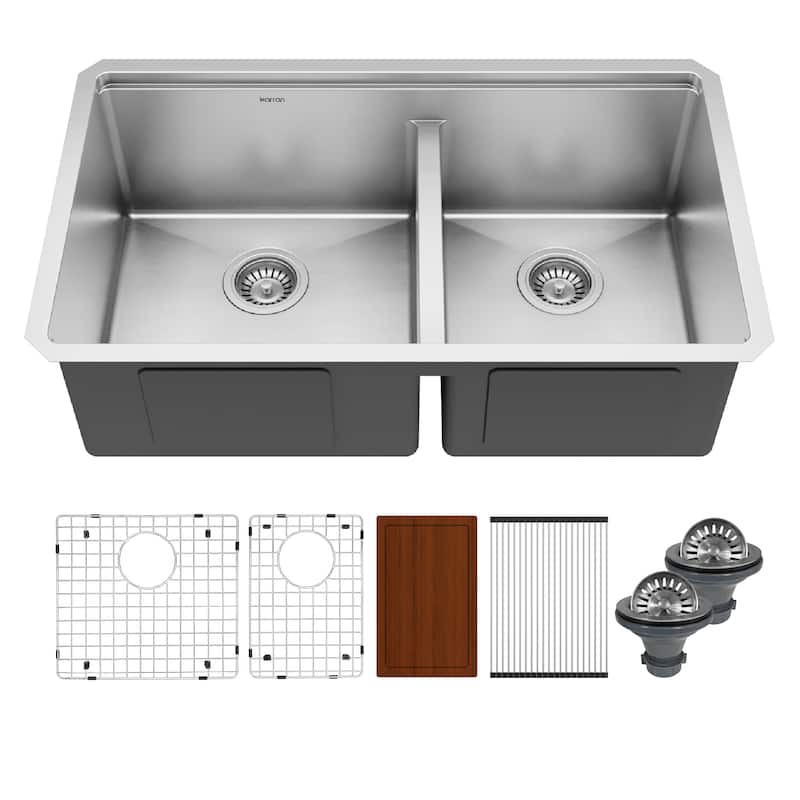 Karran 32" Undermount Double Bowl 60/40 Stainless Steel Workstation Sink