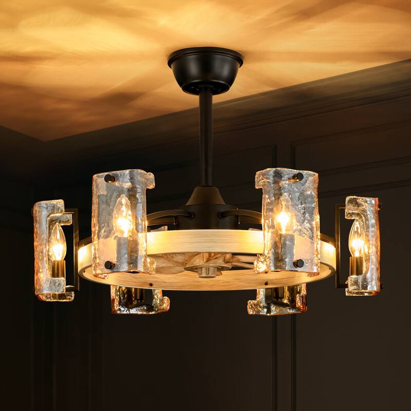 26.4 in. 6-Light Farmhouse Wood Finish Drum Ceiling Fan with Amber Glass Shades and Remote Control - 26.38 in. W x 7.87 in. H