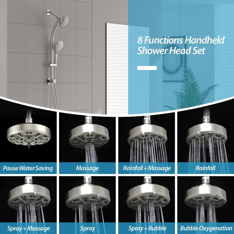 Lordear 4.7inch 8-Setting Shower system with Pause Switch-Brushed Nickel/Chrome Polished/Matte Black