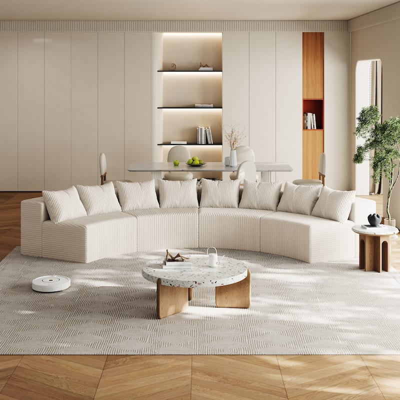 Half Moon Sectional Sofa Convertible Modular Couches Plush Corduroy Sleeper Sofa Bed Symmetrical Loveseat Sofa - Beige 4 Seat