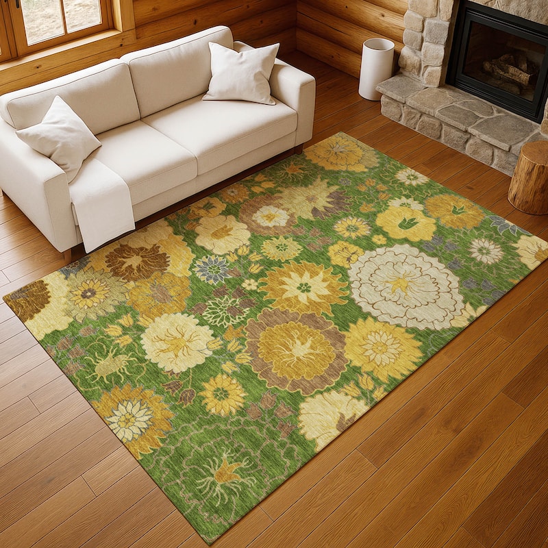 Machine Washable Indoor/ Outdoor Modern Floral Chantille Rug