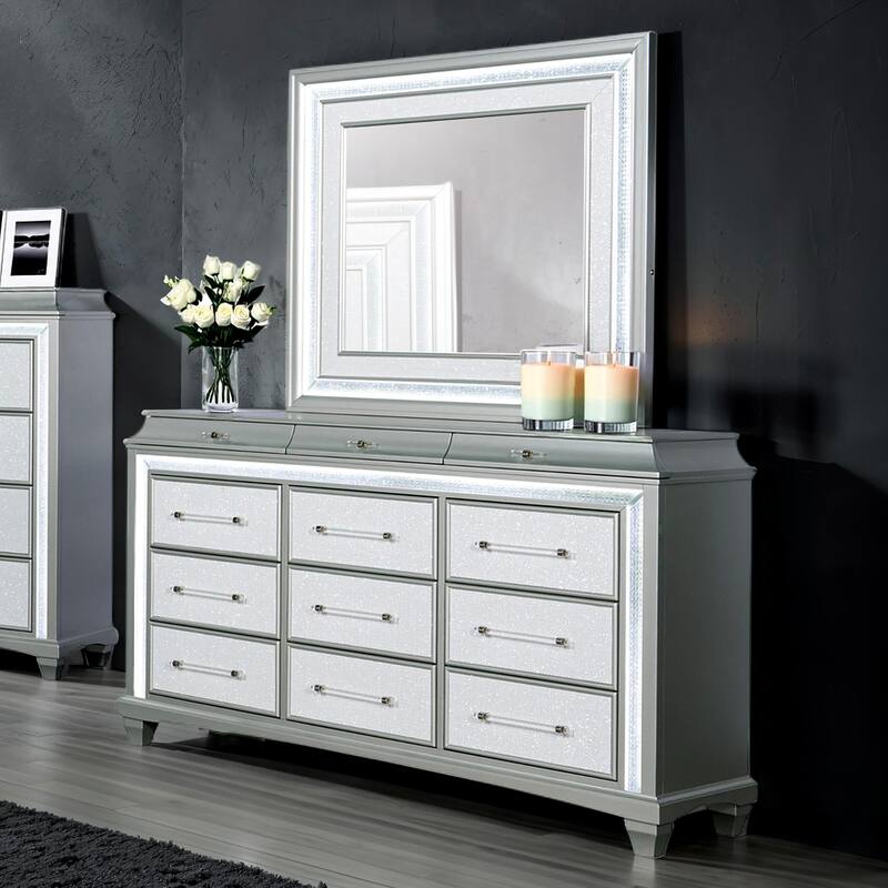Furniture of America Gala Glam 2-Piece Silver 12-Drawer Dresser and Mirror Set with LED Lighting - 12-drawer - Silver