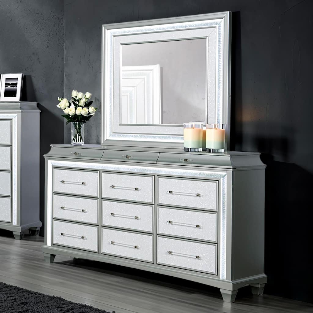 Furniture of America Gala Glam 2-Piece Silver 12-Drawer Dresser and Mirror Set with LED Lighting