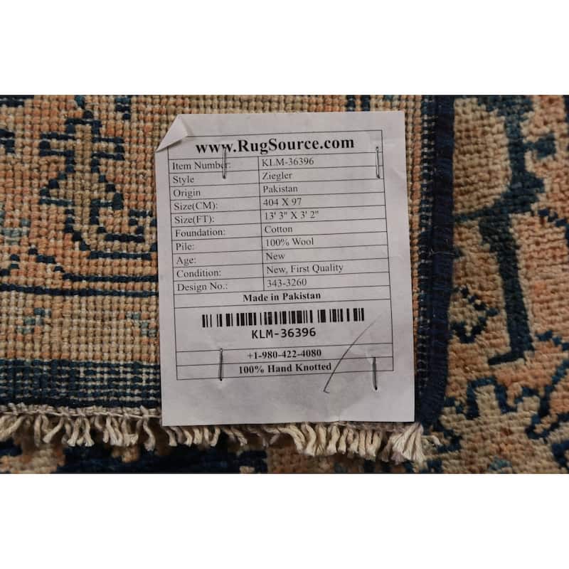 Vegetable Dye Ziegler Oriental Runner Rug Handmade Wool Carpet - 3'2"x 13'3"