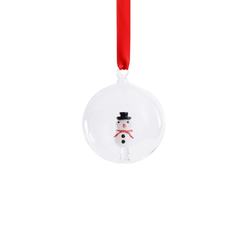 Clear Glass Ball Ornaments with Holiday Snowman Motif, Set of 6, 3.25"