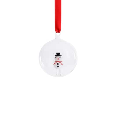 Clear Glass Ball Ornaments with Holiday Snowman Motif, Set of 6, 3.25"