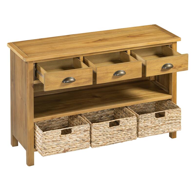 Retro Console Table With 3 Drawers, Entryway Table With 3 Water Hyacinth Woven Baskets,Wooden Accent Sofa Table Buffet Cabinet