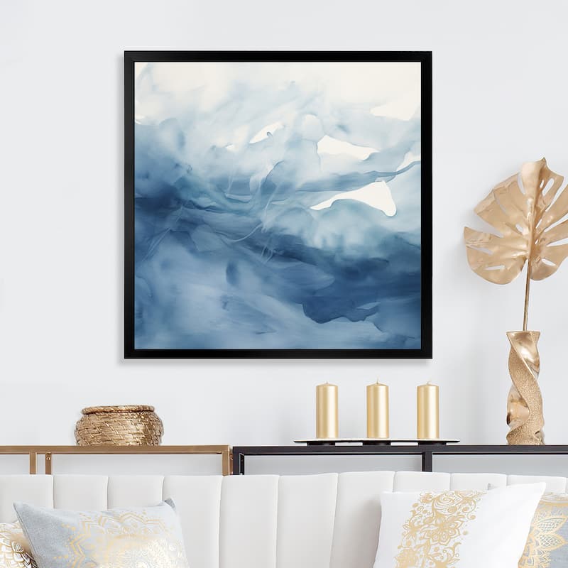 Designart "Blue And White Dancing Watercolor Clouds" Abstract Painting Framed Canvas Art Print - 36 in. wide x 36 in. high - Black