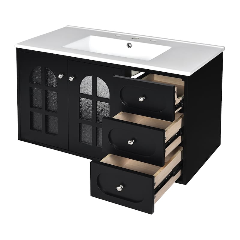 GDFStudio 36 Inch Floating Bathroom Vanity with Ceramic Sink, Wall Mounted Bathroom Cabinet with 3 Drawers