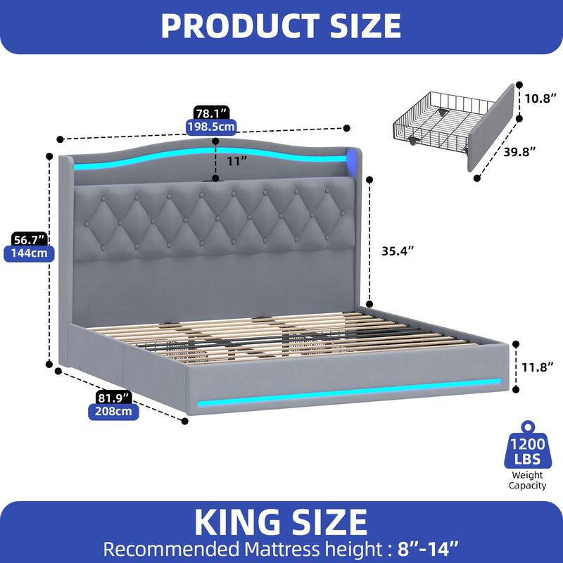 Moasis Queen Size Velvet Upholstered Bed Frame with 4 Storage Drawers & RGB Lights
