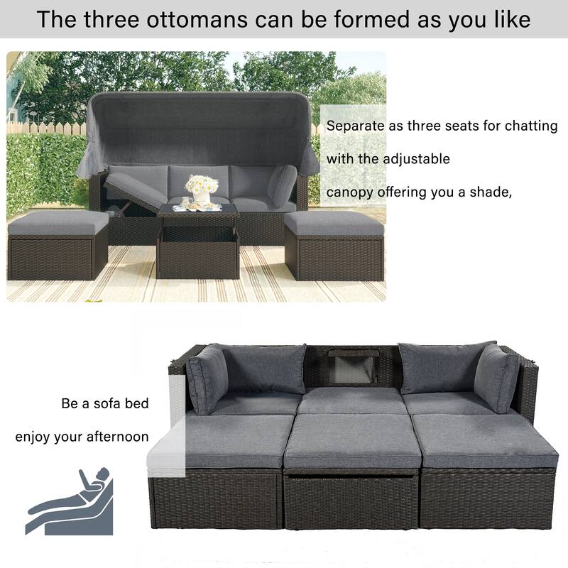 U-Style Outdoor Patio Rectangle Daybed with Retractable Canopy, Wicker Furniture Sectional Seating for Backyard, Porch