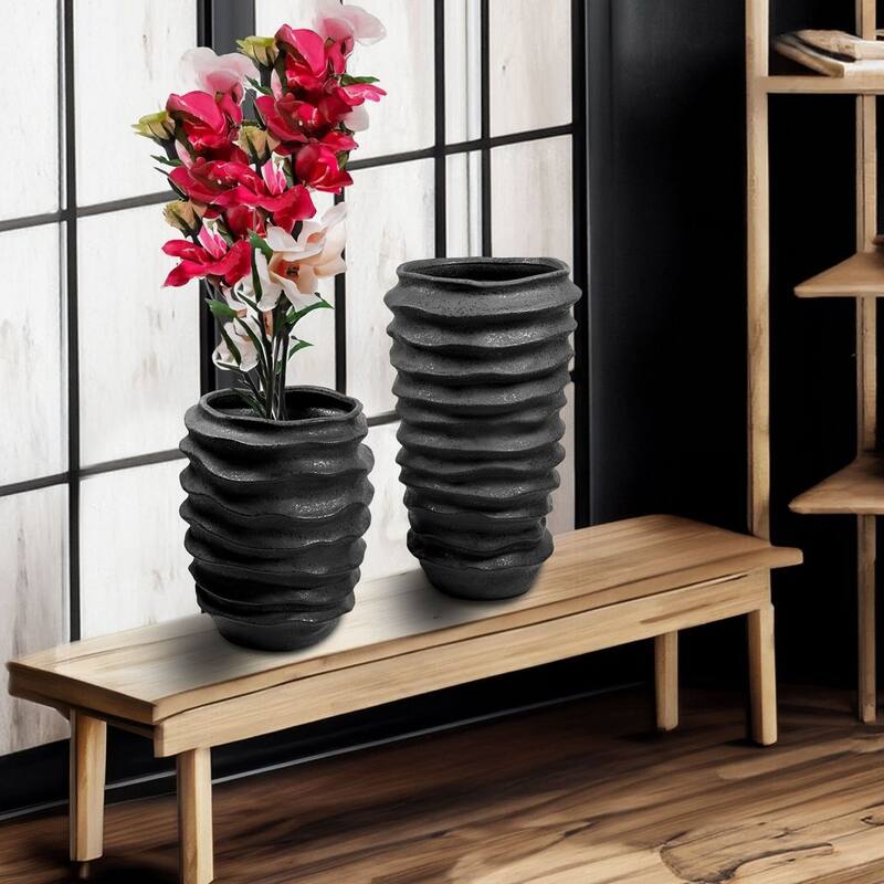 Set of Two Large Scale Black Modern Ceramic Vases