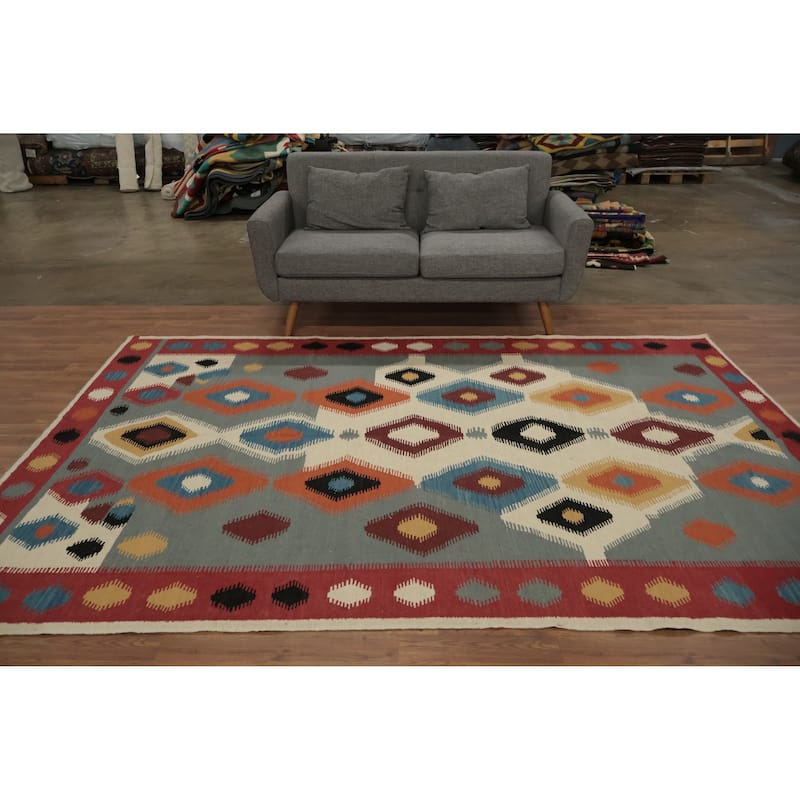 Hand Woven Oriental 100% Wool Carpet Southwestern Modern Greys & Charcoal Kilim Area Rug - 9' 9'' X 6' 7''